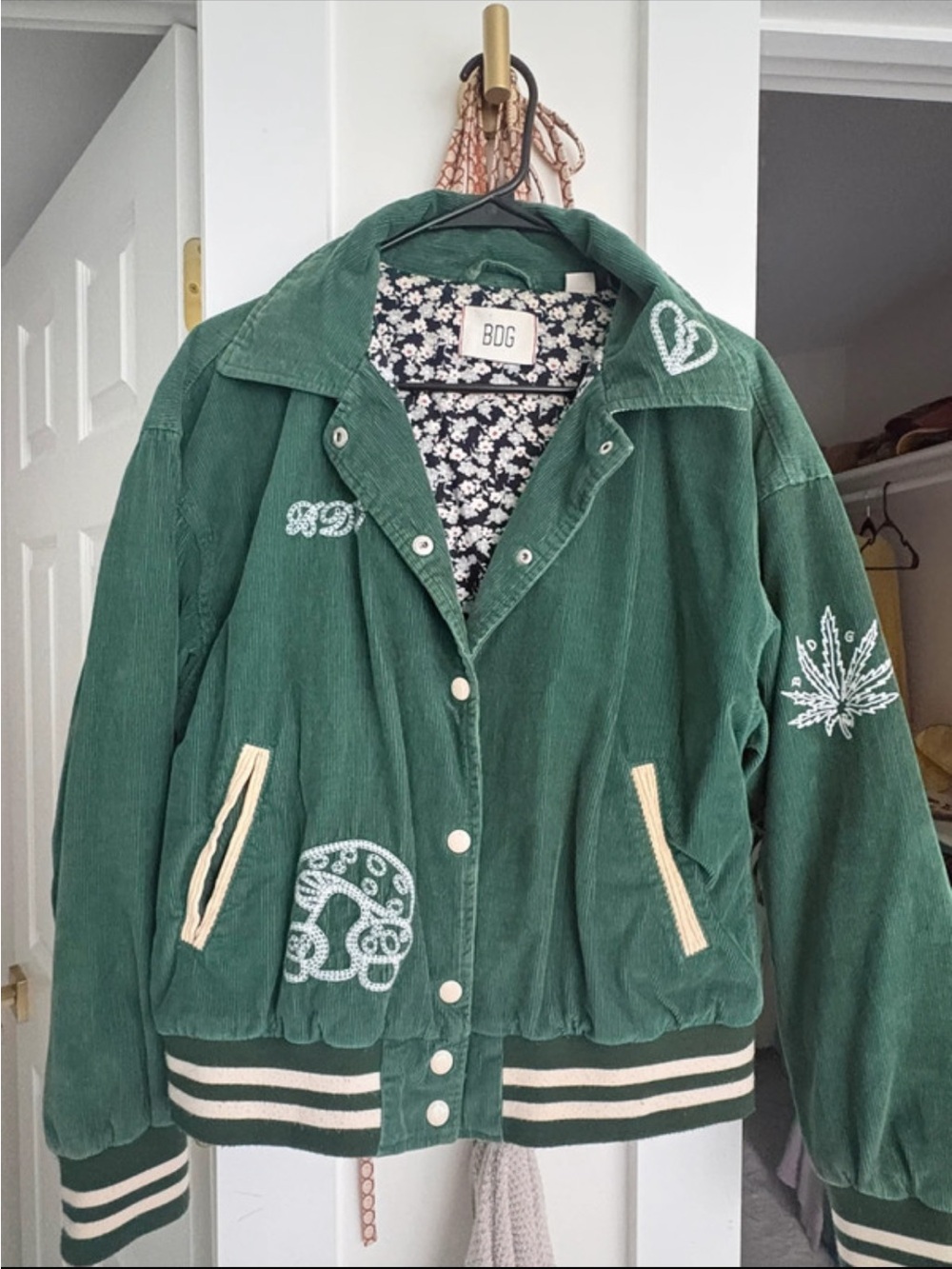 BDG Green Corduroy Varsity Jacket with Cream Embroidery